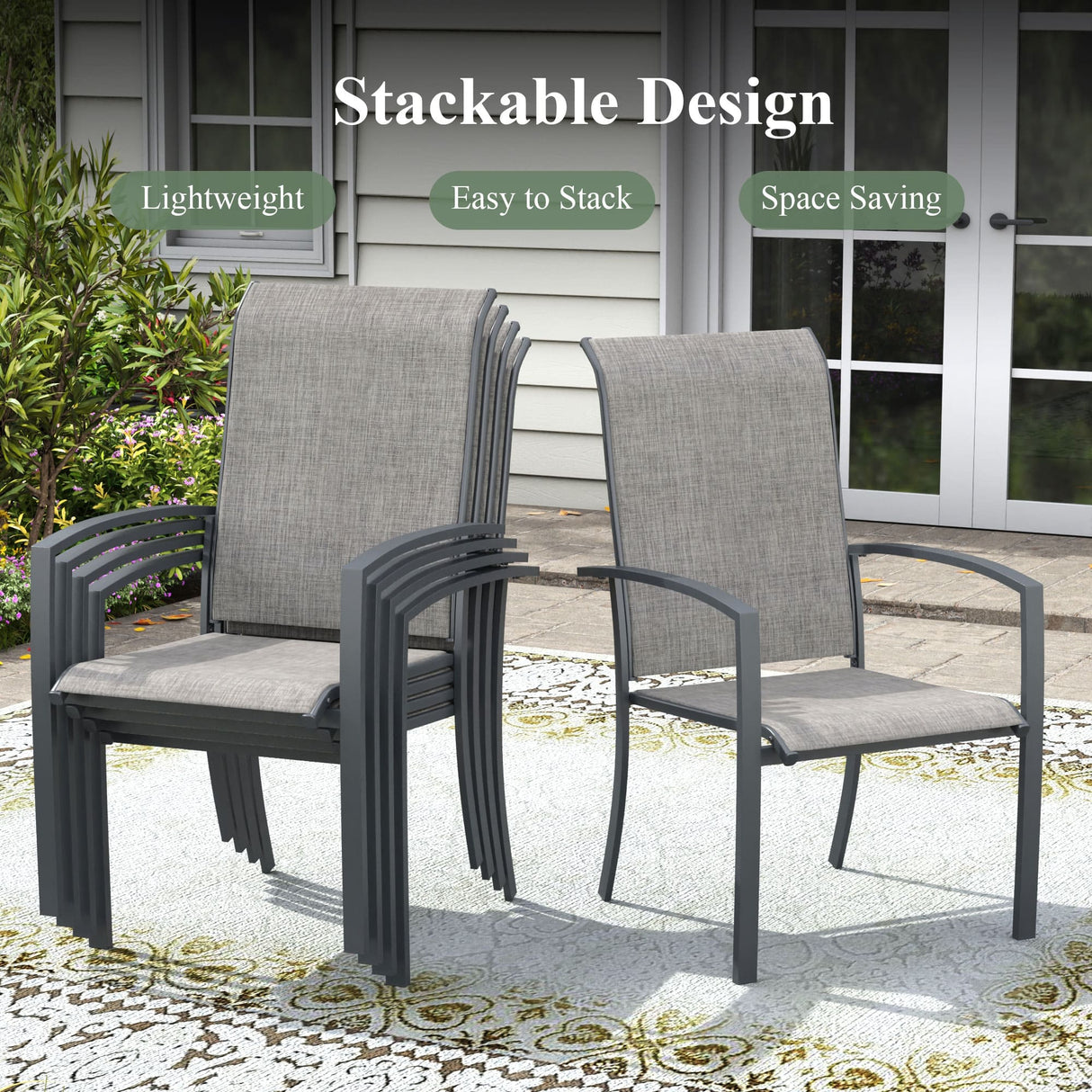 Vicllax 7 PCS Patio Dining Table Set, 50" Round Metal Table with Shelf and Skyline Stackable Chair