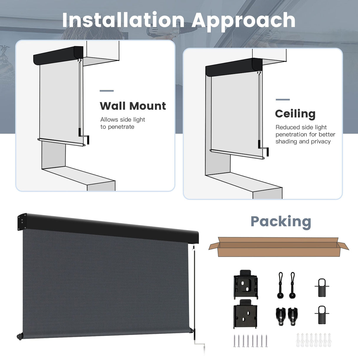 Vicllax Premium Patio Sun Blocking Roller Shade, Solar Shade with Aluminum Valance
