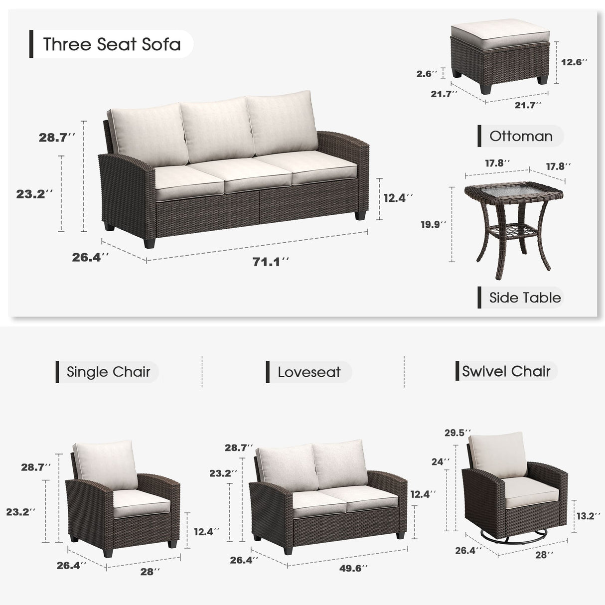 Vicllax Patio Sofa Set, Wicker Outdoor Conversation Set with Cushioned Sofa Chairs and Ottomans