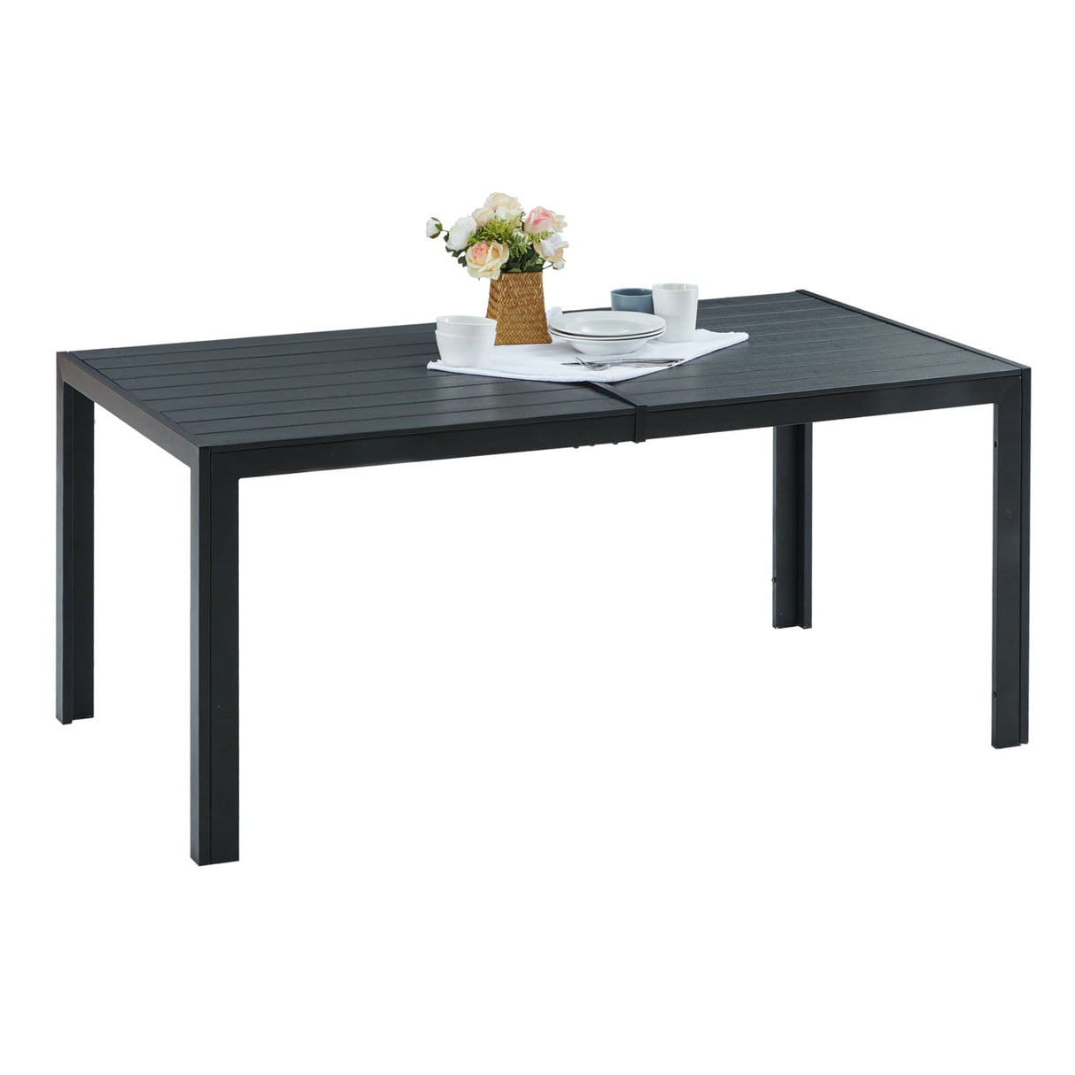 Vicllax Outdoor Patio Rectangular Dining Table for 6, Wood-Plastic Composites Table Top Metal Frame