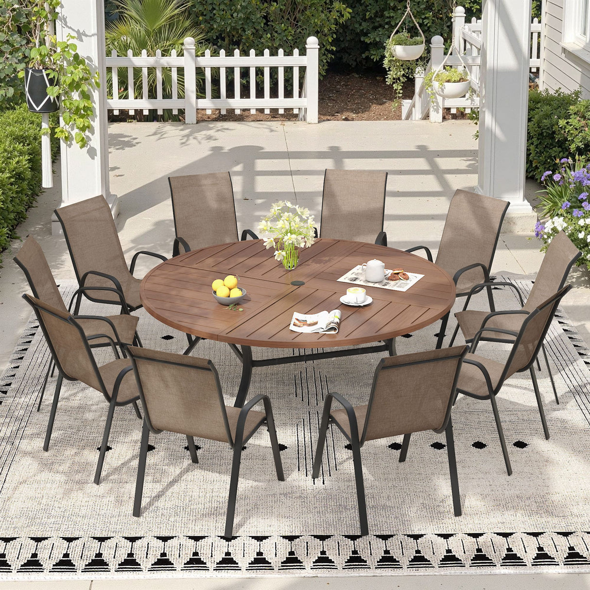 Vicllax 11 PCS Patio Dining Table Set, 60" Round Metal Table and Horizon Stackable Chair