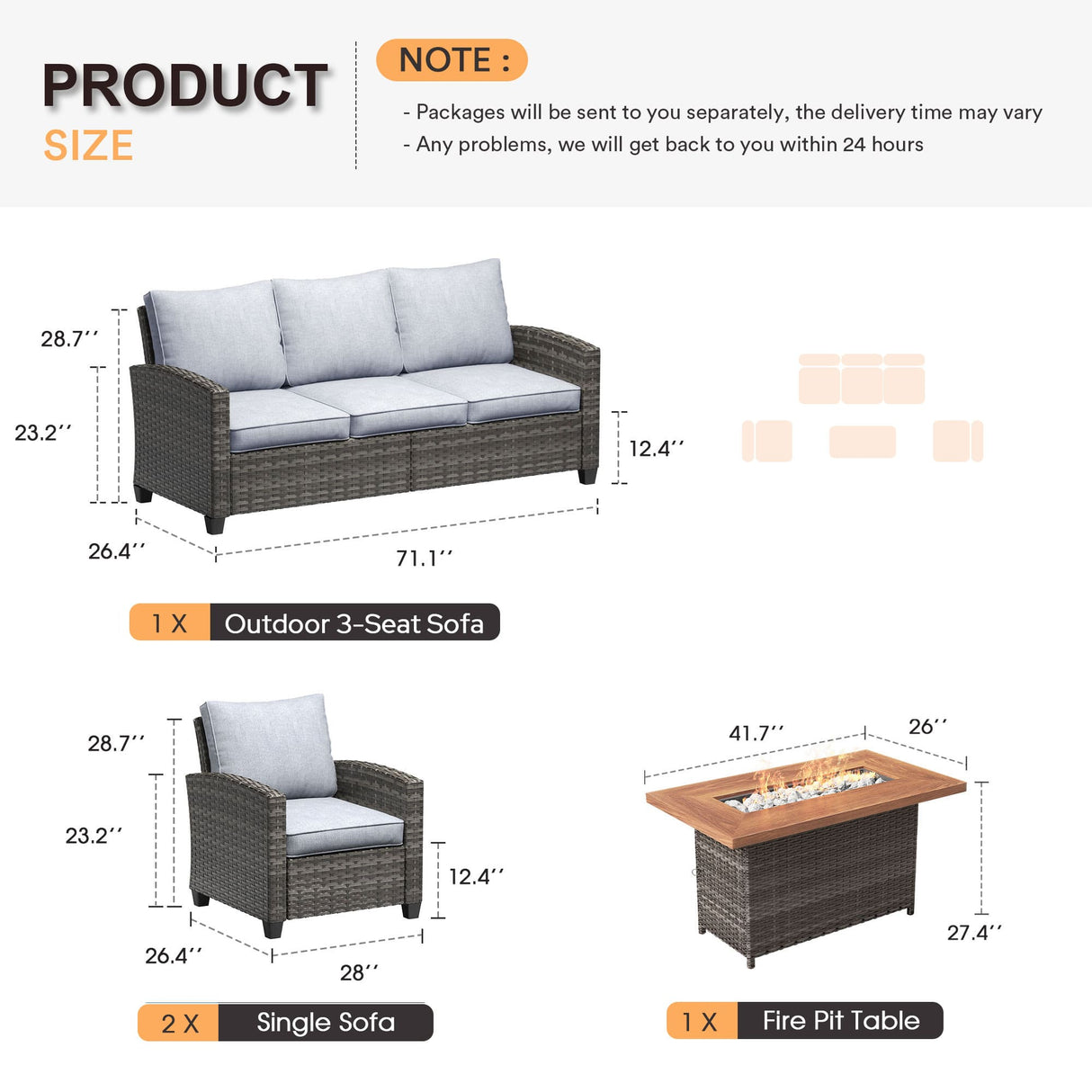 VICLLAX Versatile Wicker Patio Set: 5 Seater with Fire Table/Ottoman
