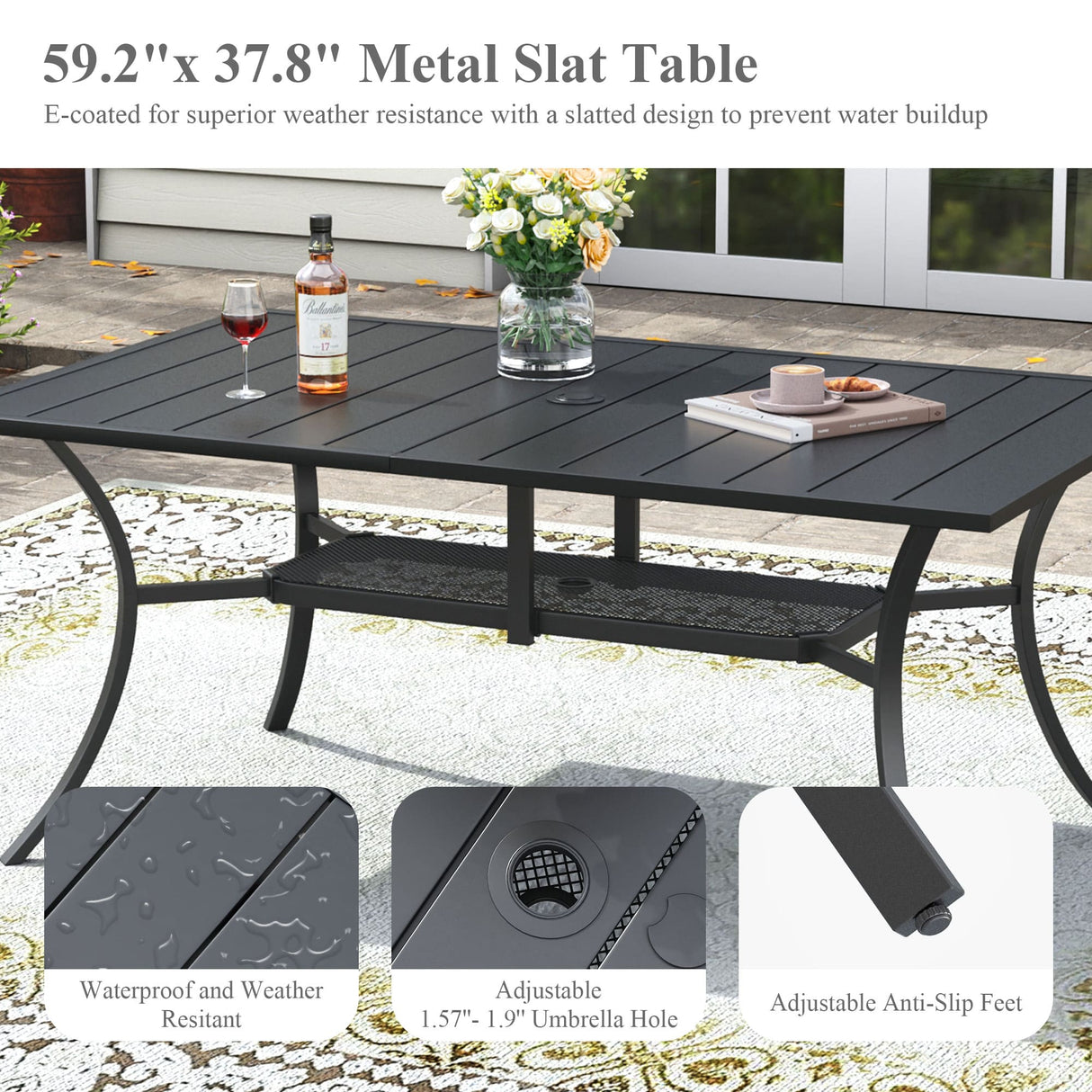 Vicllax Juego de comedor de exterior de 7 piezas con mesa rectangular de metal y sillas giratorias de textileno