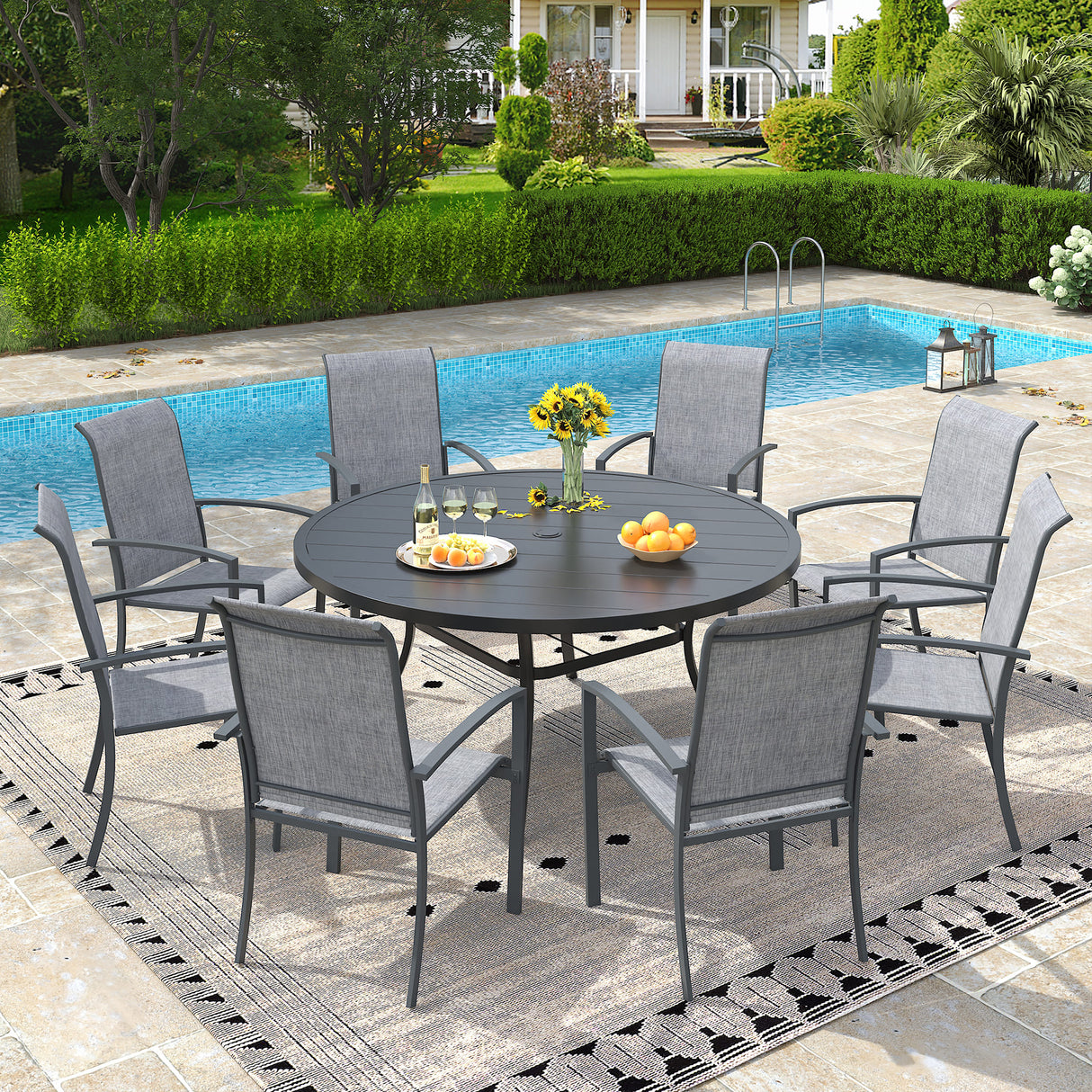 Vicllax 9 PCS Patio Dining Table Set, 53" Round Metal Table and Skyline Stackable Chair
