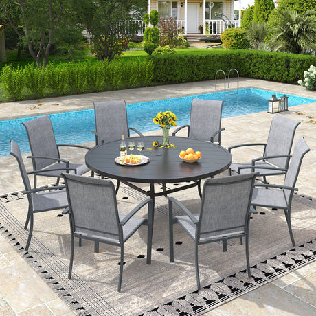 Vicllax 9 PCS Patio Dining Table Set, 53" Round Metal Table and Skyline Stackable Chair