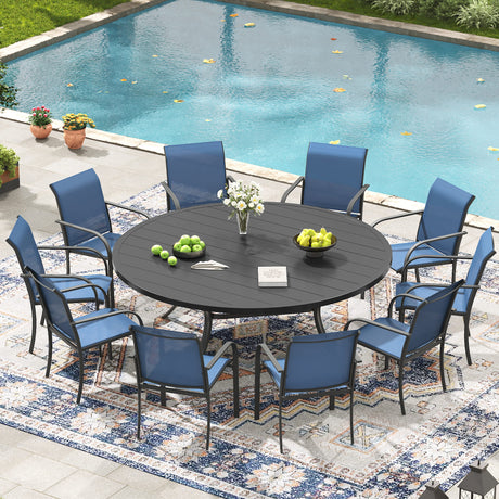 VICLLAX 11-Pcs Outdoor Dining Set, 63” Round Metal Table with Umbrella Hole & 10 Stackable  Chairs