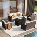 Vicllax Patio Furniture Set, Wicker Outdoor Conversation Set with Cushioned Sofa Chairs Fire Pit Table and Ottomans