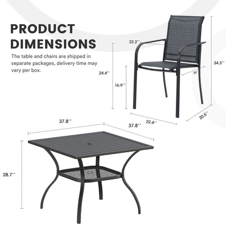 Vicllax Juego de comedor para exterior de 5 piezas con mesa cuadrada de metal de 42" y sillas de textileno 