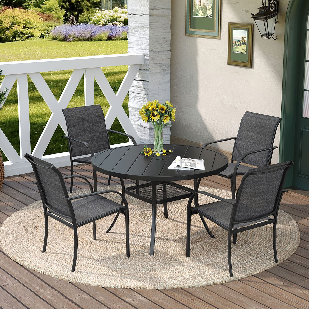 Vicllax Outdoor Round Metal Dining Table with Umbrella Hole for 4, 6