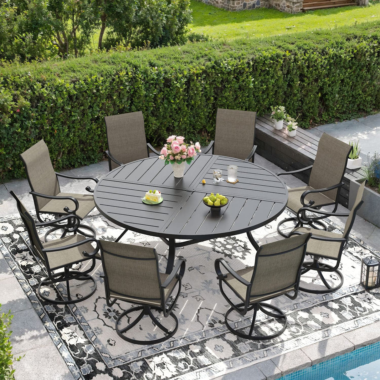 Vicllax 59.8" Patio Round Dining Table Set of 8, Metal Dining Table and Swivel Dining Chairs