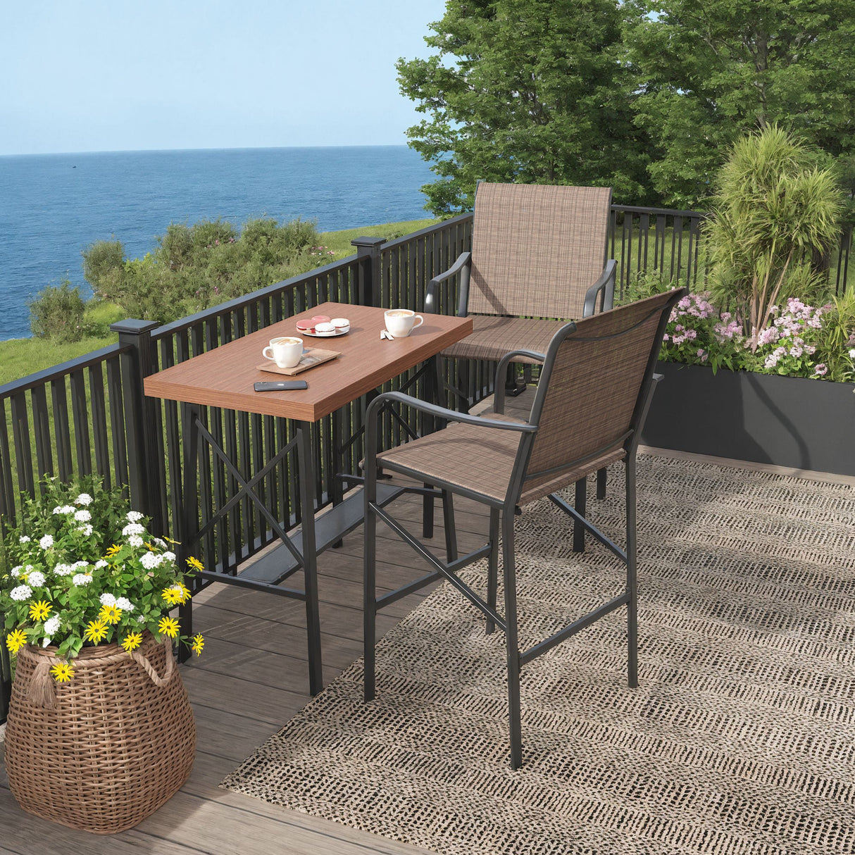 Vicllax Bar Table Set for 2, 3 Pcs Wooden-Like Table and Stools with Backrest and armrests, for Nook Balcony