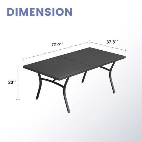 Vicllax Mesa de comedor de exterior para 6 personas, mesa de listones de acero curvado de metal para patio con orificio para sombrilla