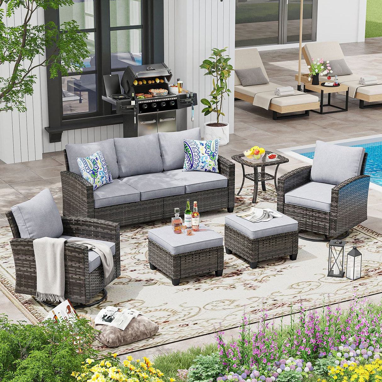 VICLLAX Versatile Wicker Patio Set: 5 Seater with Fire Table/Ottoman