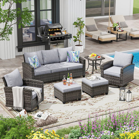VICLLAX Versatile Wicker Patio Set: 5 Seater with Fire Table/Ottoman