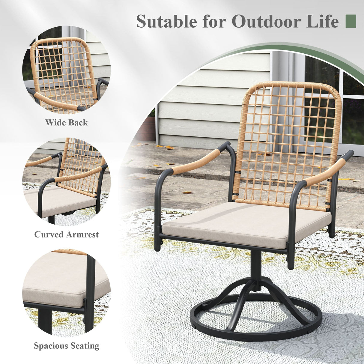 Vicllax 7 Pieces Outdoor Dining Set, Metal 63" Rectangular Table and Solana Swivel Chair