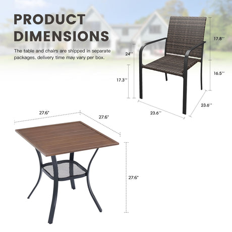 Vicllax 3 Pieces Outdoor Dining Set, 27.6"Square Table and 2 Stackable Armchairs
