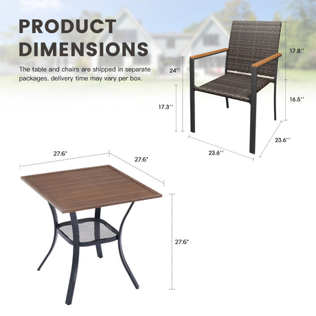 Vicllax 3 Pieces Outdoor Dining Set, 27.6" Square dining Table and 2 Stackable Metal Armchairs