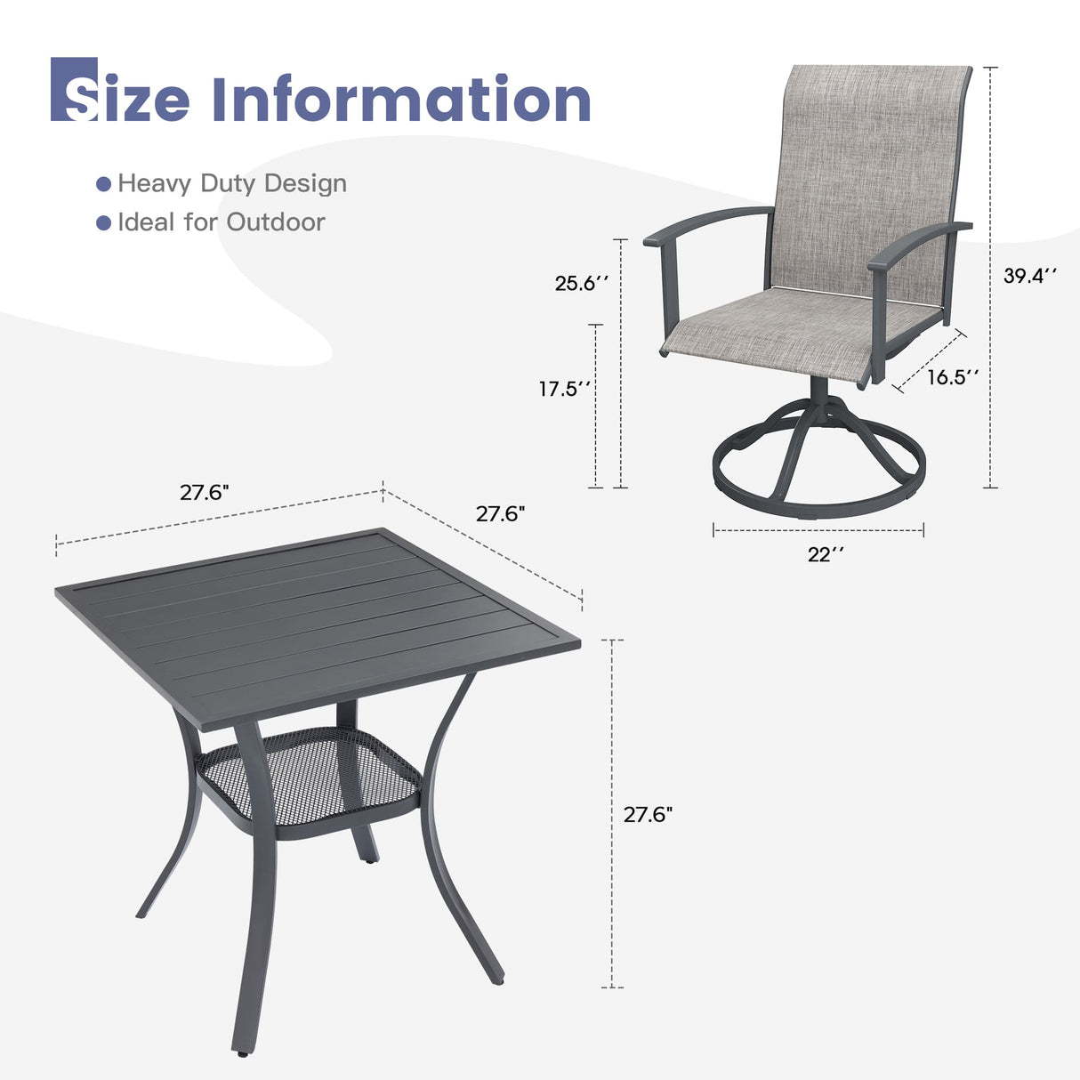 Vicllax 3 Pcs Outdoor Dining Set, 27.6" Square Bar Table and 2 Swivel Chairs
