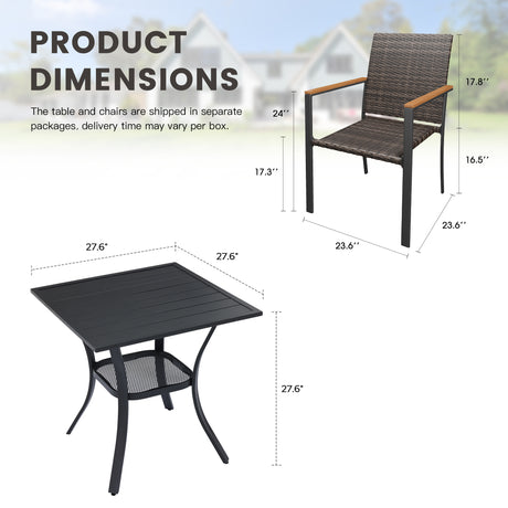 Vicllax 3 Pieces Outdoor Dining Set, 27.6" Square dining Table and 2 Stackable Metal Armchairs