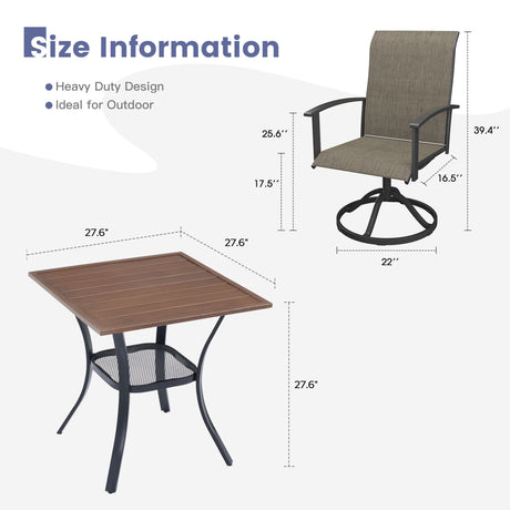 Vicllax 3 Pcs Outdoor Dining Set, 27.6" Square Bar Table and 2 Swivel Chairs