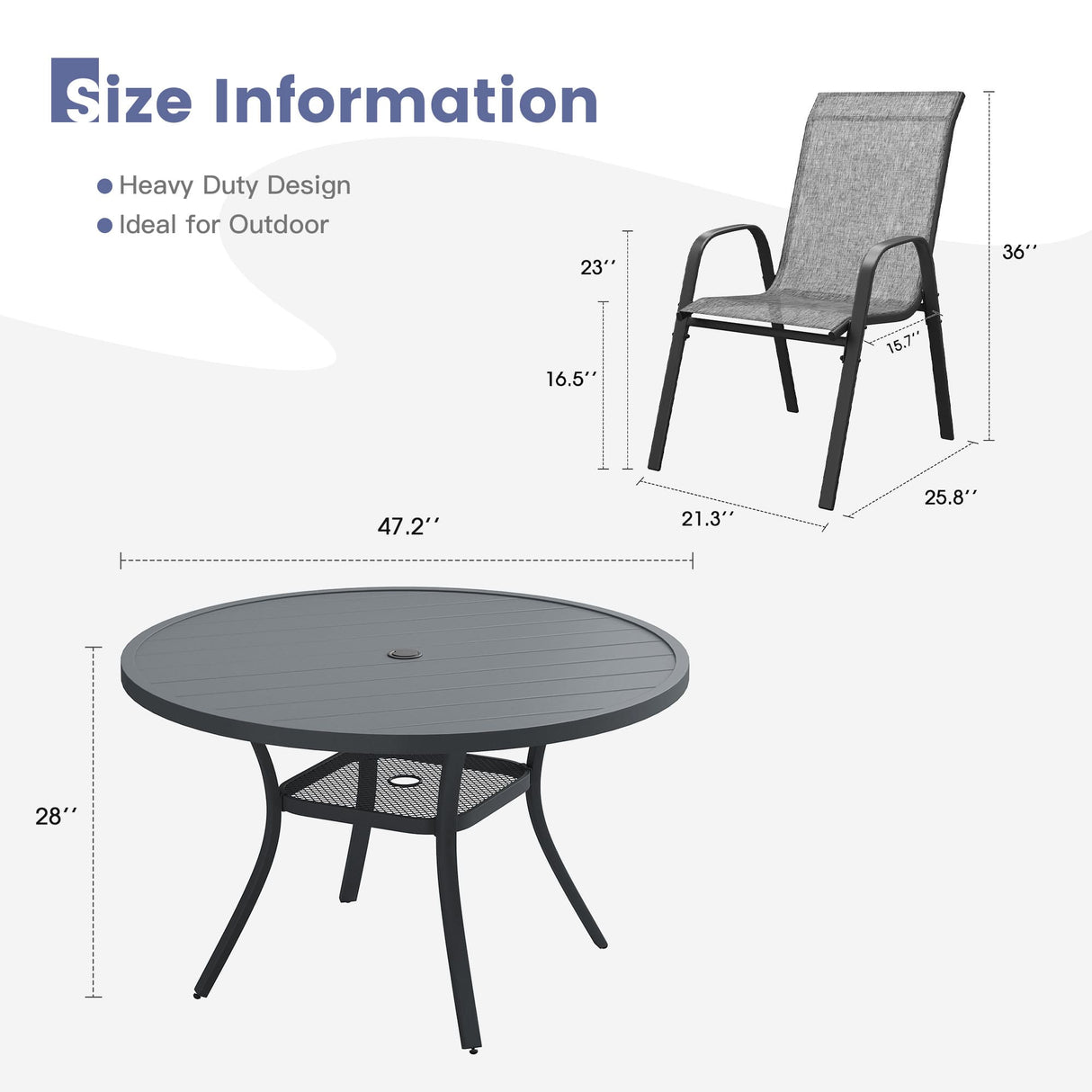 Vicllax 7 Pieces Outdoor Dining Set, 47.2"Round Table and Horizon Stackable Chair
