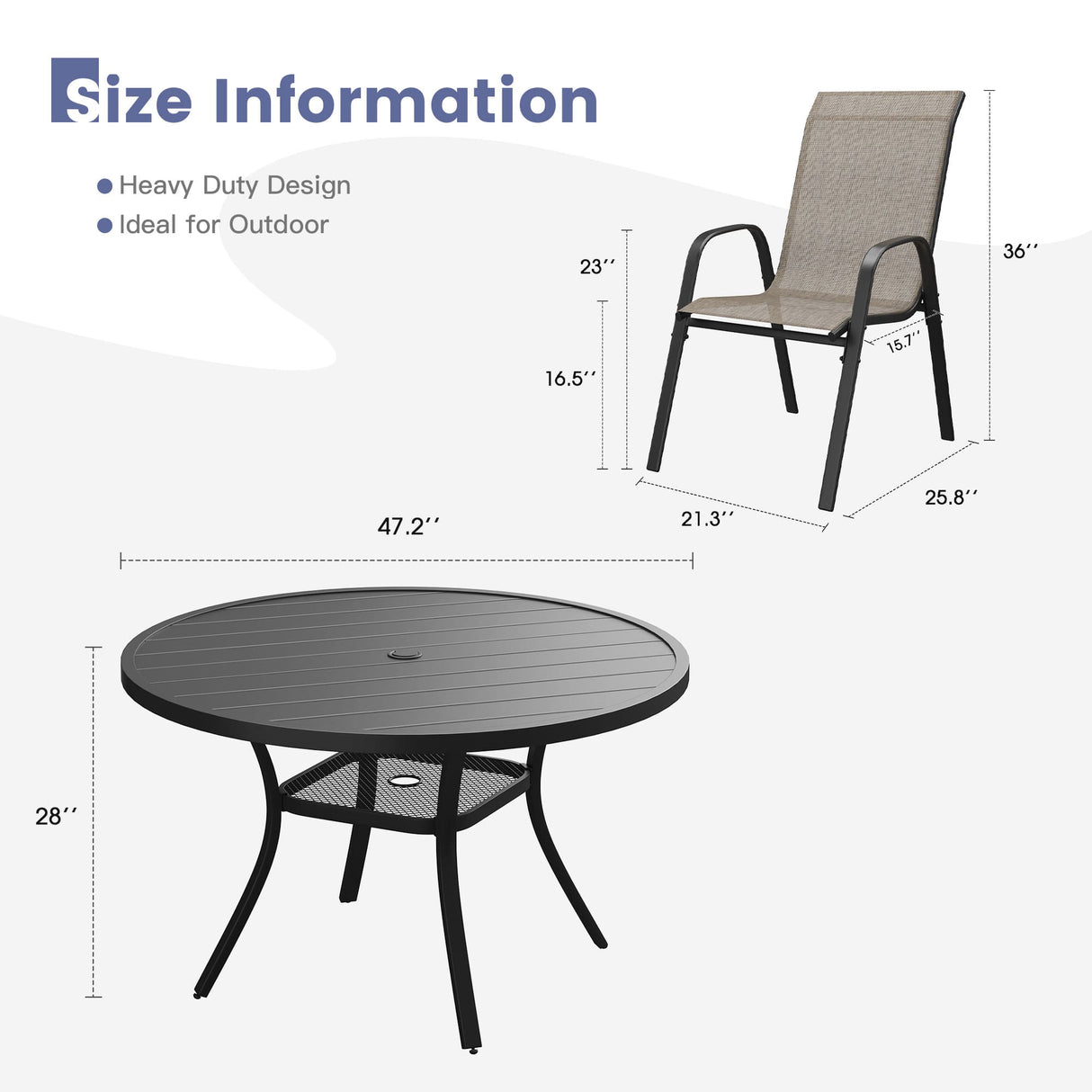 Vicllax 7 Pieces Outdoor Dining Set, 47.2"Round Table and Horizon Stackable Chair