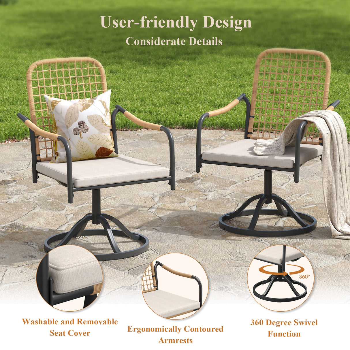 Vicllax 7-Piece Outdoor Dining Set, 50” Round Metal Table with Umbrella Hole & Solana Swivel Chair