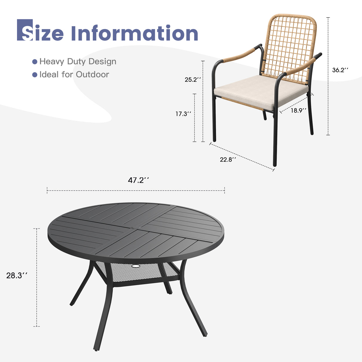 Vicllax 7 PCS Patio Dining Table Set, 47.6" Round Metal Table with Shelf and Solana Stackable Chair
