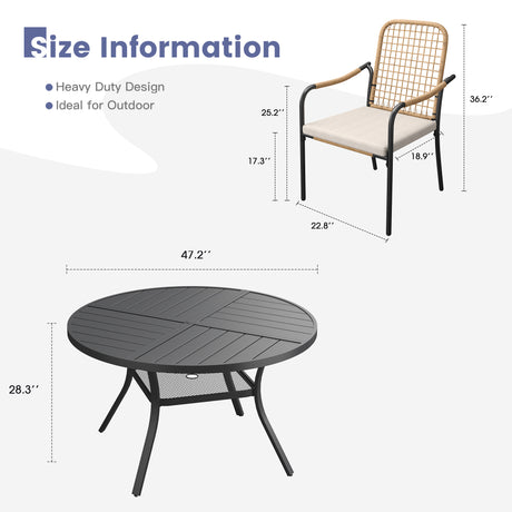 Vicllax 7 PCS Patio Dining Table Set, 47.6" Round Metal Table with Shelf and Solana Stackable Chair