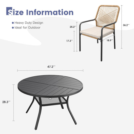Vicllax 7 PCS Patio Dining Table Set,47" Round Metal Table with Shelf and Alora Stackable Chair