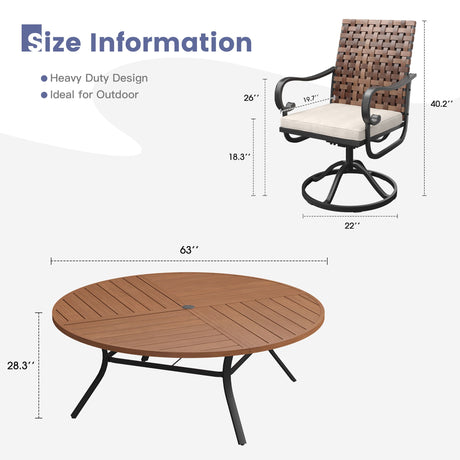 Vicllax 9 PCS Patio Dining Table Set, 63" Round Metal Table with umbrella Hole and Sierra Swivel Chair