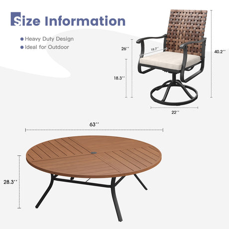 Vicllax 9 PCS Patio Dining Table Set, 63" Round Metal Table and Sienna Swivel Chairs