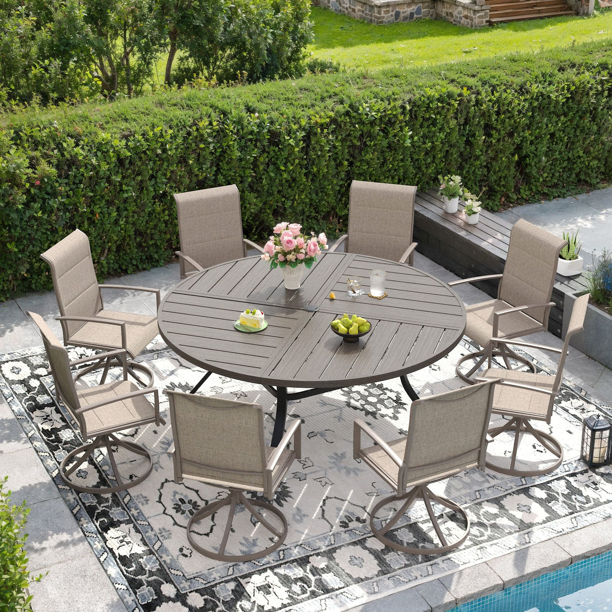 Vicllax 7/9 Pieces Outdoor Dining Set, Metal Round Dining Table and Premium Paddad Swivel Chairs