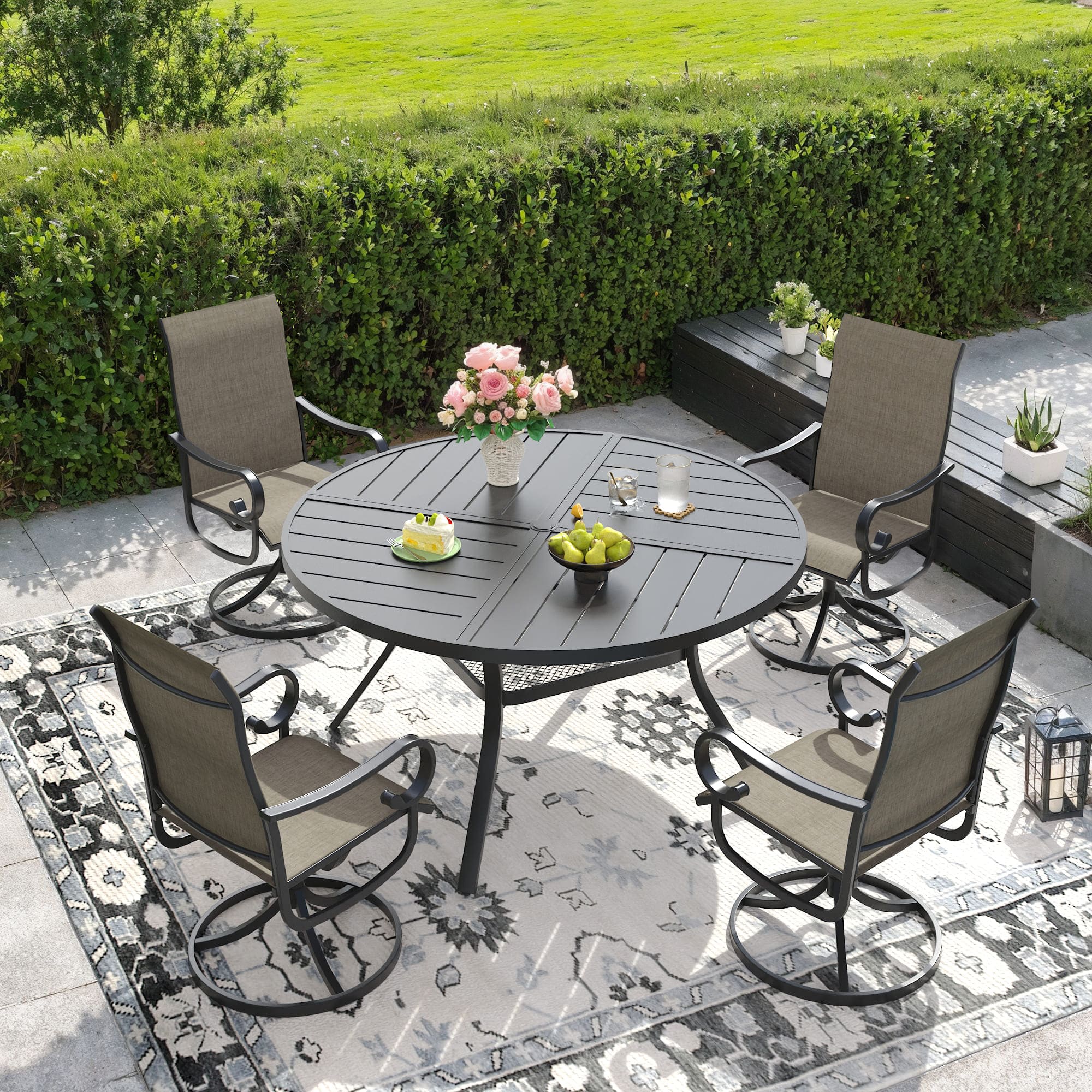 Vicllax 47" Patio Round Dining Table Set of 4, Metal Dining Table with Storage Shelf and Swivel Dining Chairs