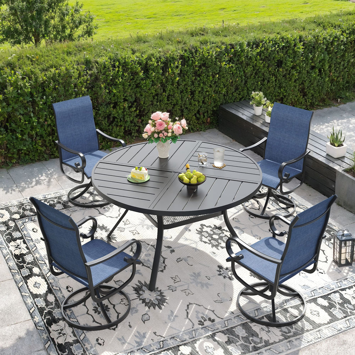 Vicllax 47" Patio Round Dining Table Set of 4, Metal Dining Table with Storage Shelf and Swivel Dining Chairs