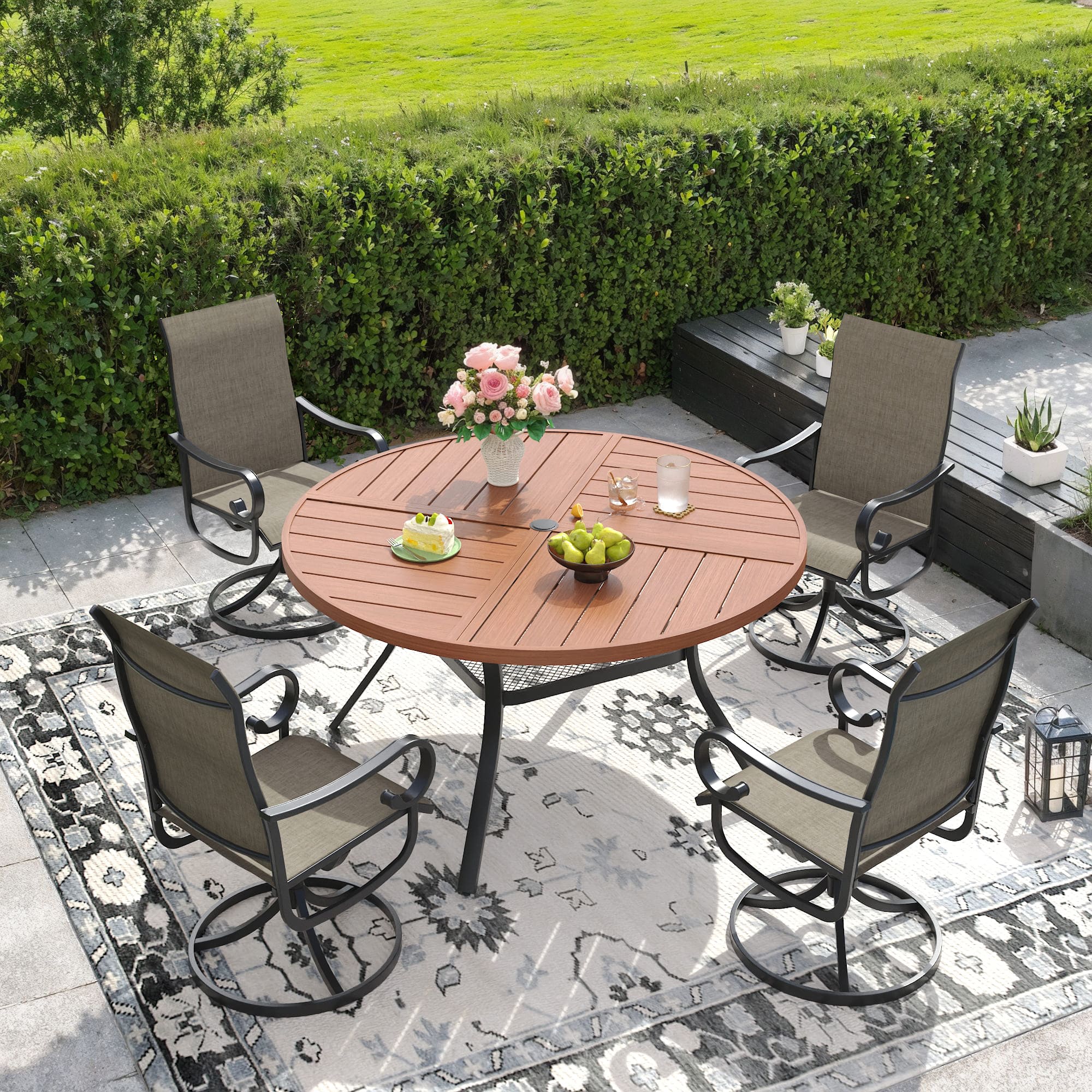Vicllax 47" Patio Round Dining Table Set of 4, Metal Dining Table with Storage Shelf and Swivel Dining Chairs