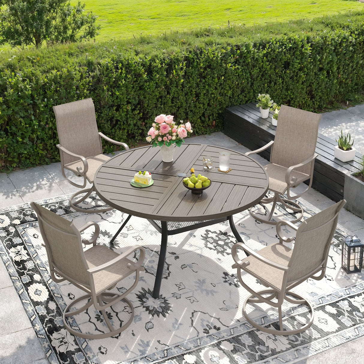 Vicllax 47" Patio Round Dining Table Set of 4, Metal Dining Table with Storage Shelf and Swivel Dining Chairs