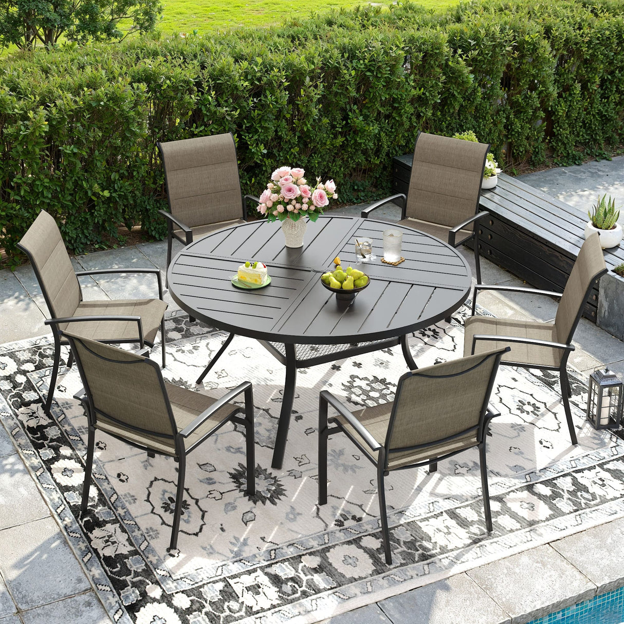 VICLLAX Patio Outdoor Dining Set of 4/6, Metal Round Dining Table and Stackable Sling Dining Chair with Armrest