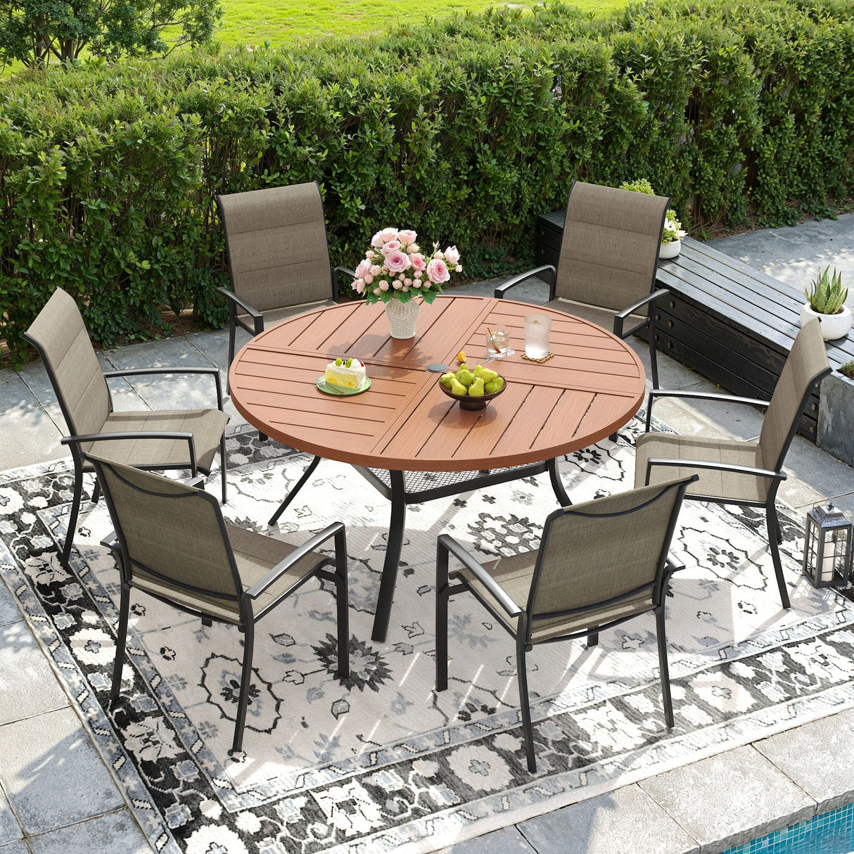 VICLLAX Patio Outdoor Dining Set of 4/6, Metal Round Dining Table and Stackable Sling Dining Chair with Armrest
