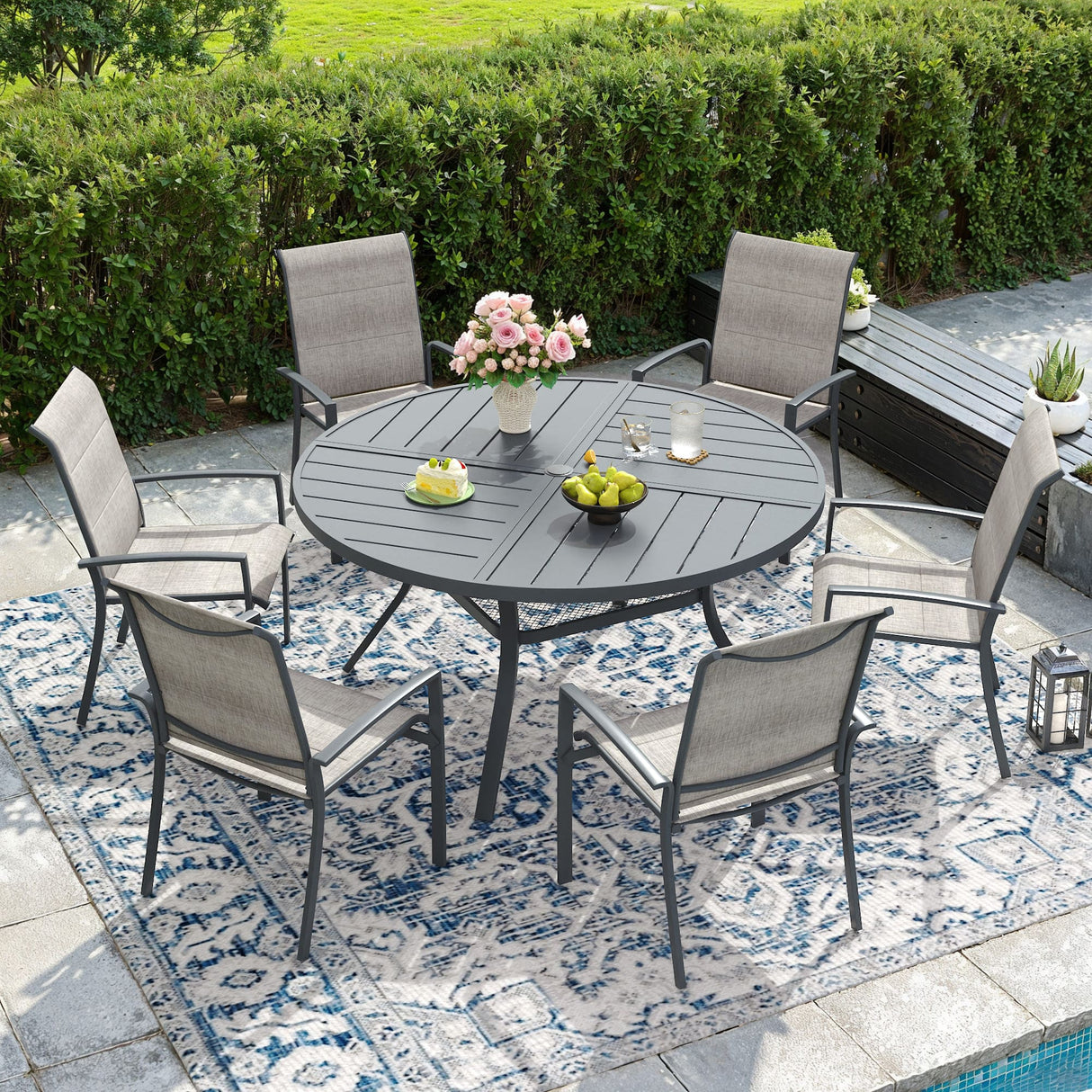 VICLLAX Patio Outdoor Dining Set of 4/6, Metal Round Dining Table and Stackable Sling Dining Chair with Armrest
