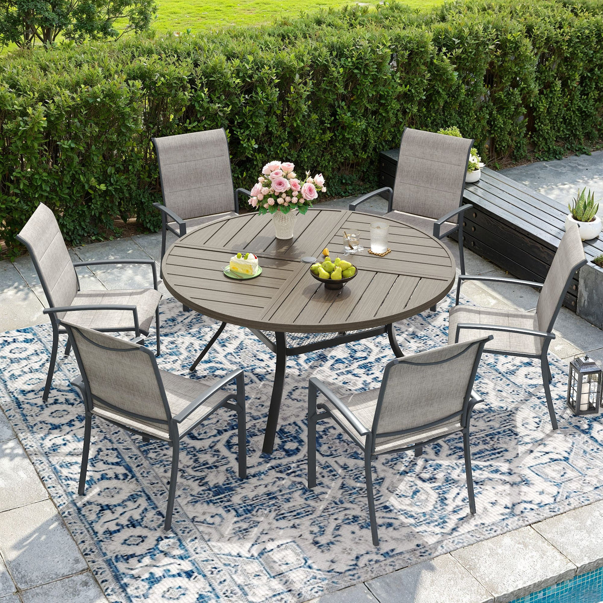 VICLLAX Patio Outdoor Dining Set of 4/6, Metal Round Dining Table and Stackable Sling Dining Chair with Armrest