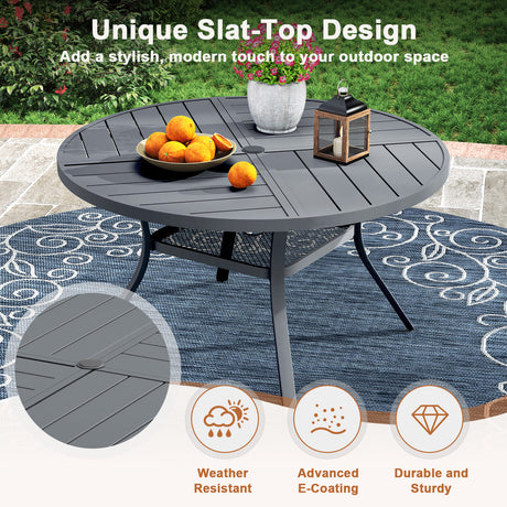 Viclla 9-Piece Outdoor Dining Set, 60” Round Metal Table with Umbrella Hole & Solana Swivel Chair