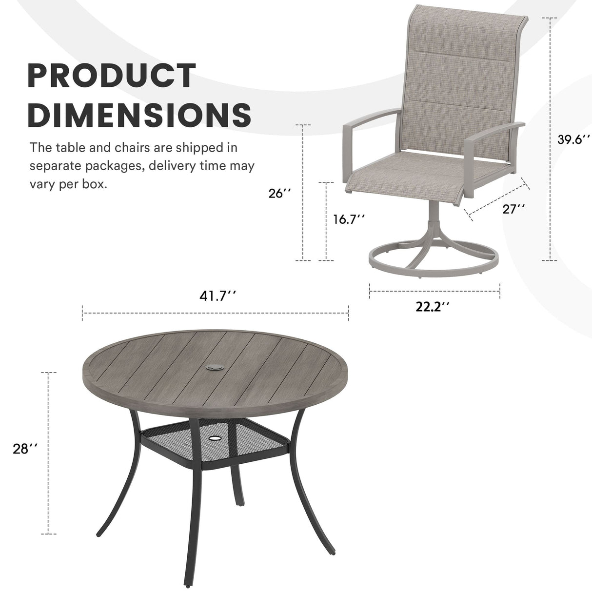 Vicllax 5-Piece Outdoor Dining Set, 42" Round Metal Table and Padded Swivel Chairs