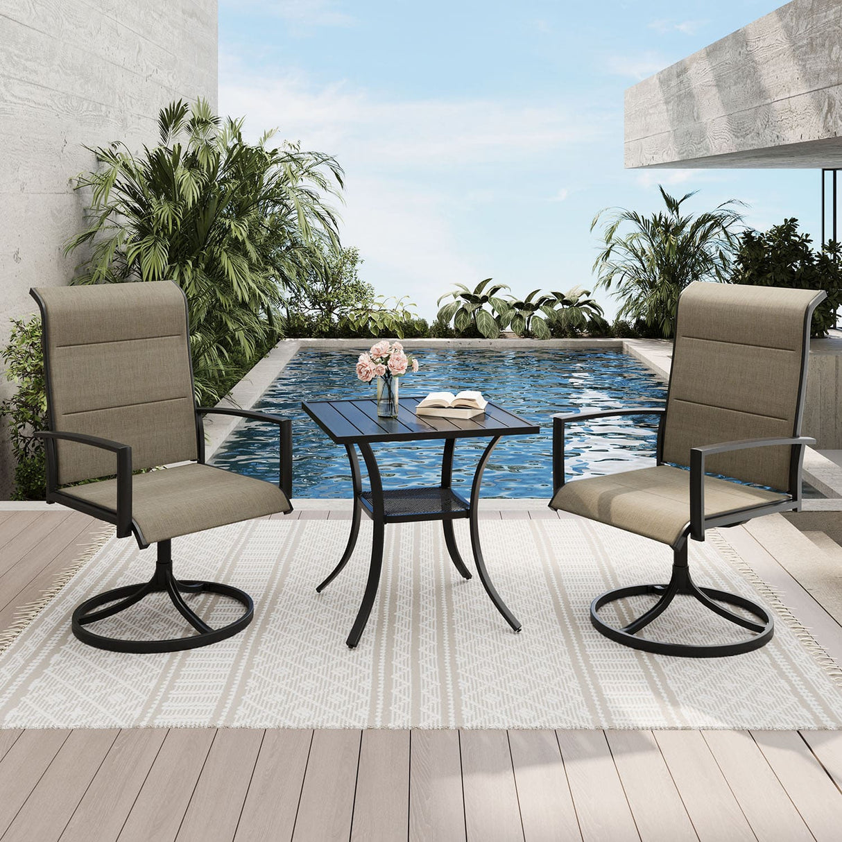 Vicllax 3-Piece Patio Bistro Set, Outdoor Swivel Chairs and Metal Square Table
