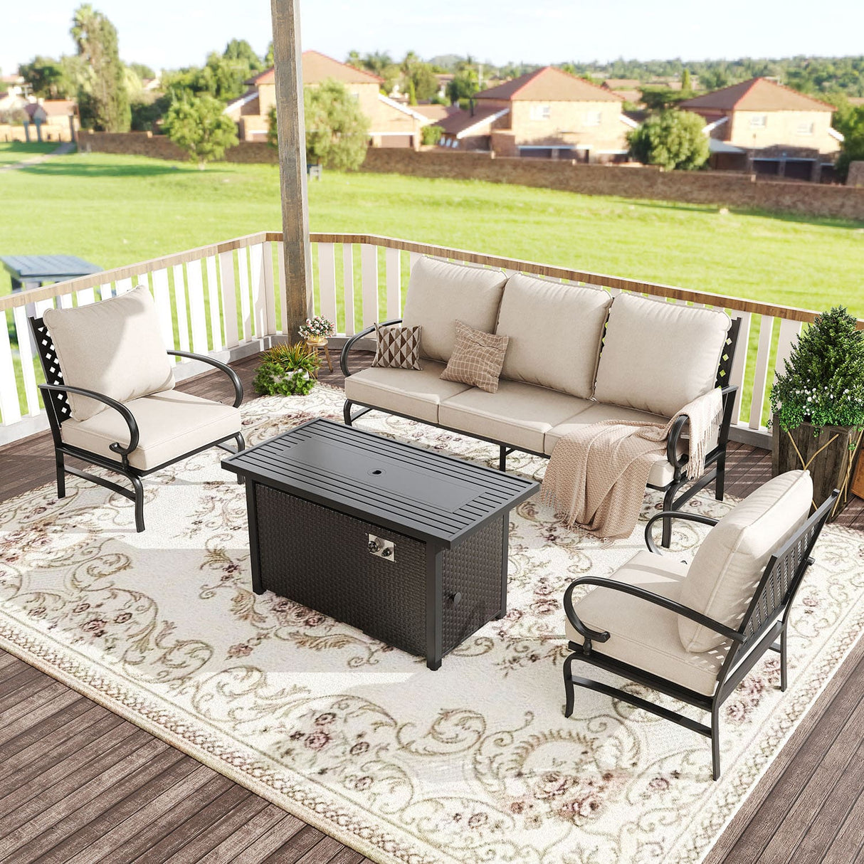 Vicllax 4-Piece Outdoor Patio Conversation Sofa Set With Metal Rectangular Fire Pit Table