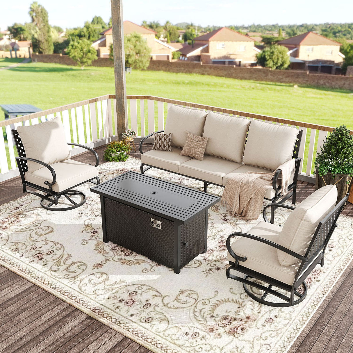 Vicllax 4-Piece Outdoor Patio Conversation Sofa Set With Metal Rectangular Fire Pit Table