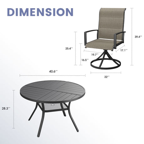 VICLLAX 5 PCS Patio Dining Table Set, Round Metal Table with Shelf and Padded Swivel Chair