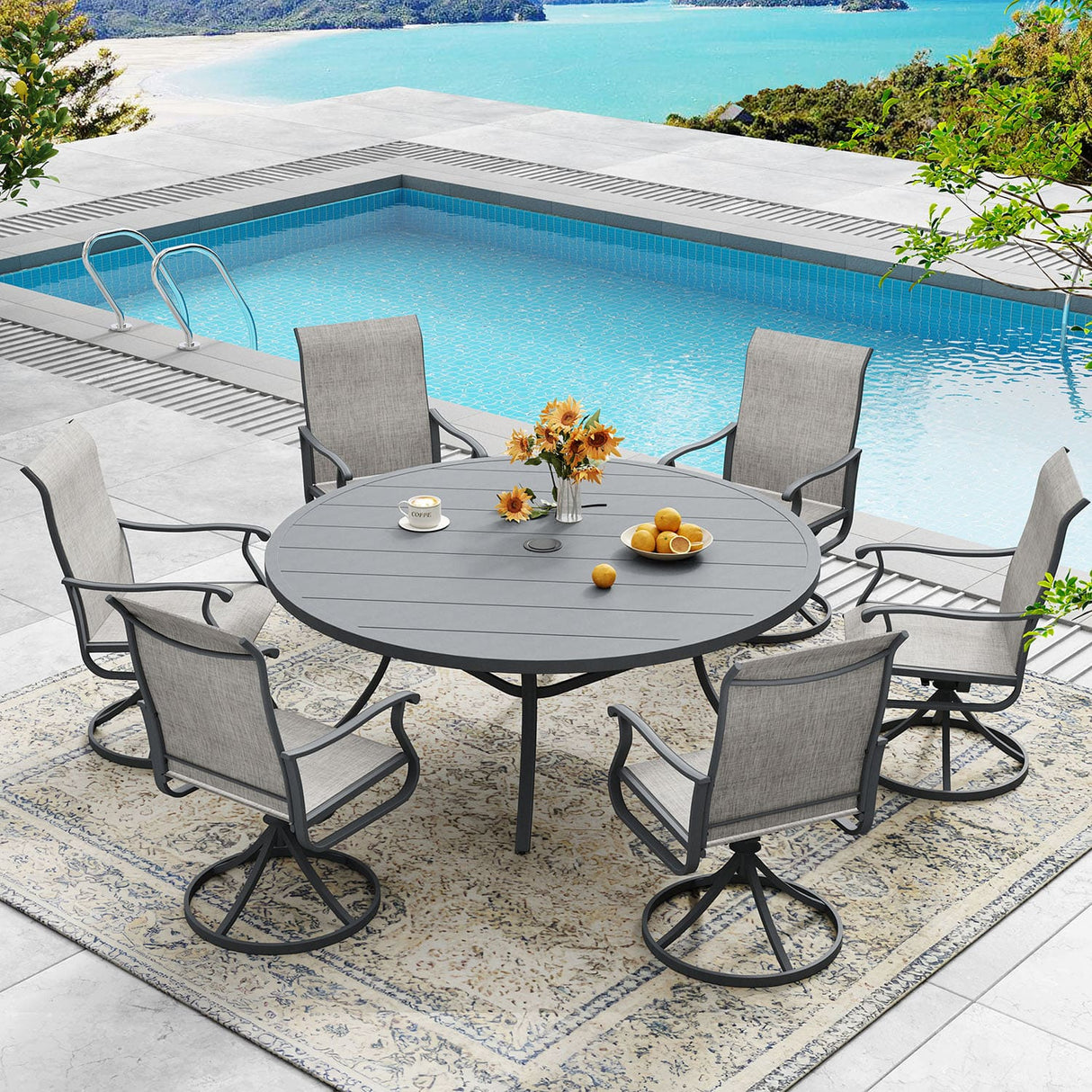 Vicllax 7/9 Pieces Outdoor Dining Set, Metal Round Dining Table and Premium Swivel Chairs