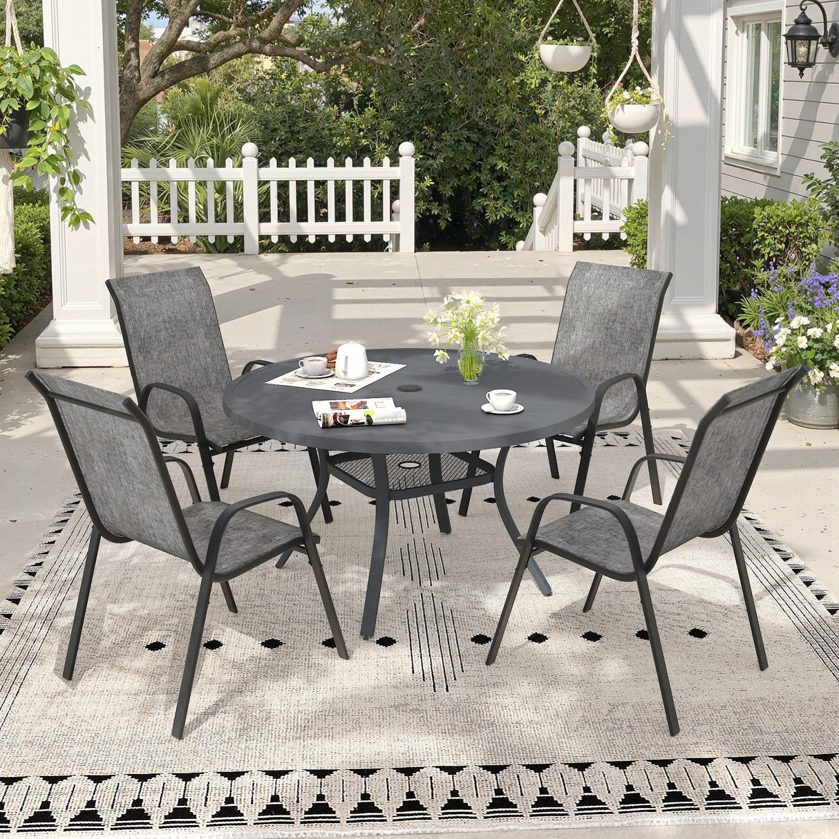 Vicllax 5 Pieces Outdoor Dining Set, 40.6" Outdoor Round dining Table and Horizon Stackable Chair