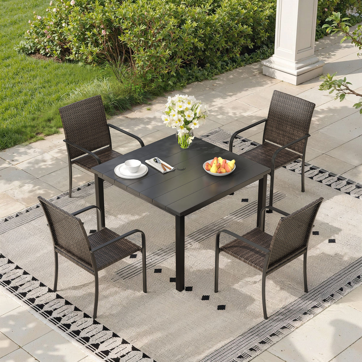 Vicllax 5 Pieces Outdoor Dining Set, Patio Rectangular Metal Table and  4 Stackable  Metal Armchair, Bistro Set for Garden, Balcony & Backyard
